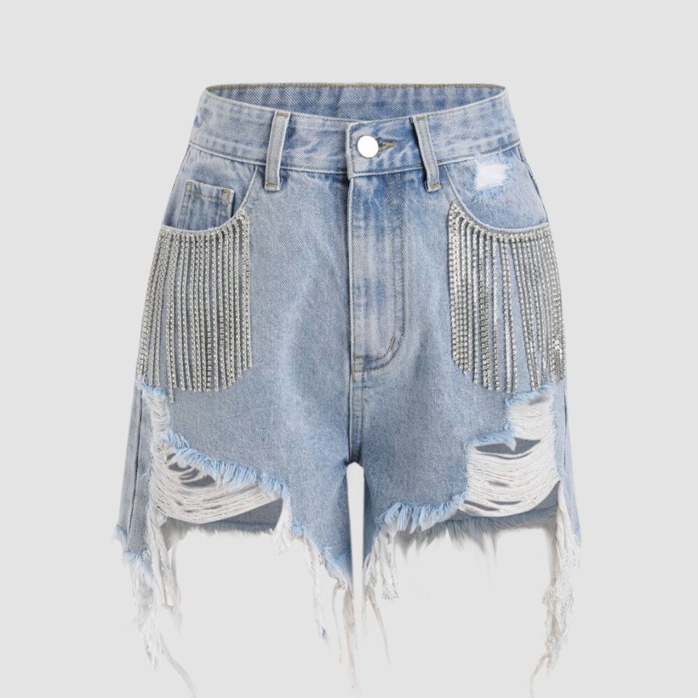CIDER DIAMOND TASSELS RIPPED DENIM SHORTS - Picture 5 of 5